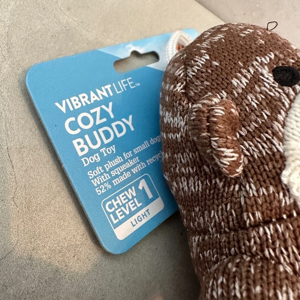 Vibrant Life Cozy Buddy BROWN SOCK MONKEY Squeaky Plush Dog Toy Chew Level #1